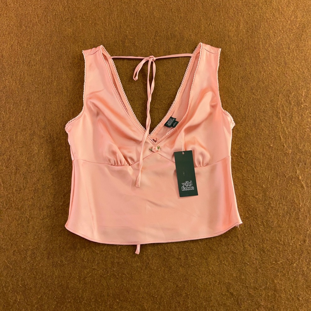 Wild Fable Womens XS Pink Satin Lace Trim Rosebud Tie Back Camisole Top NWT